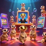Play mahjong slot amidst a bustling meerkat casino with vibrant slots and action-packed scenes.