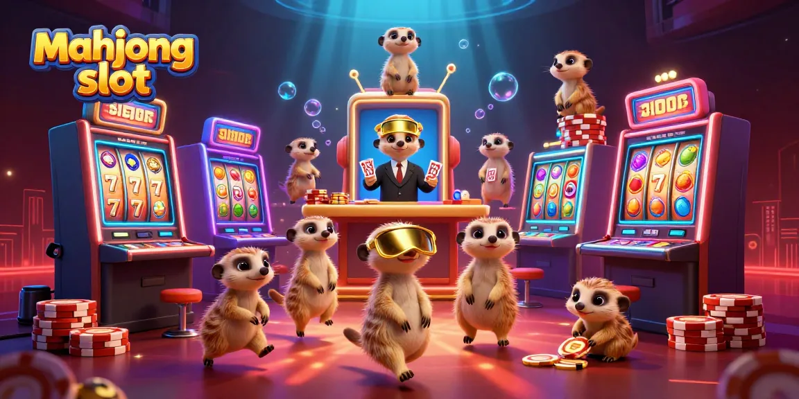 Play mahjong slot amidst a bustling meerkat casino with vibrant slots and action-packed scenes.