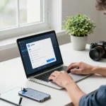 Configuring Telegram中文版 settings in a modern tech workspace with innovative gadgets and a focused atmosphere.