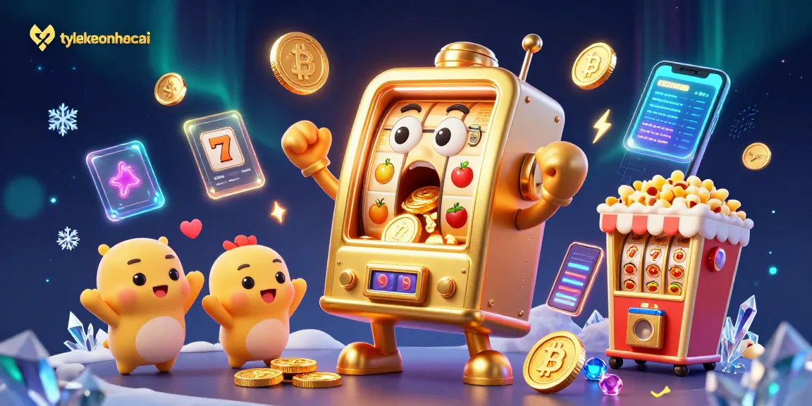 tylekeonhacai showcases a vibrant, engaging 3D slot machine illustration hitting a jackpot with coins pouring out.