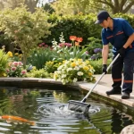 Pond Cleaning London services shown by a professional cleaning a vibrant pond surrounded by greenery.