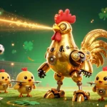 Bettors enjoy thrilling judi bola action with golden rooster robot, sports balls and betting slips in a vibrant stadium.