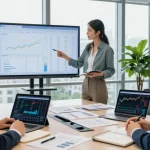 Engaging office discussion on asset tracing with financial reports and digital tools