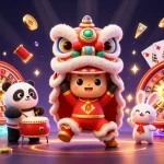 Menggoda kemenangan di slot online dengan karakter lucu dalam festival, dikelilingi koin emas dan slot reel.