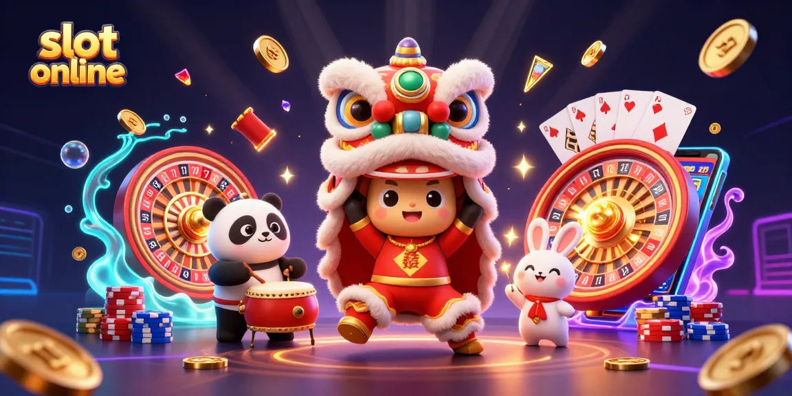 Menggoda kemenangan di slot online dengan karakter lucu dalam festival, dikelilingi koin emas dan slot reel.