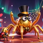 Experience the thrill of luck8 with a golden tarantula and beetle knight amidst vibrant slots and coins.