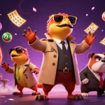 Join three raptors in a trench coat at the superjp casino, surrounded by vibrant lottery elements.