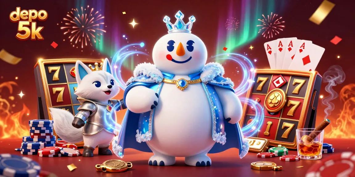 Experience the excitement of depo 5k with a vivid slot-themed 3D illustration showcasing royal characters surrounded by dynamic gaming elements.