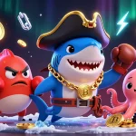 Dover Residences presents vibrant 3D scene with cartoon pirate shark and octopus winning coins in a lively casino setting.