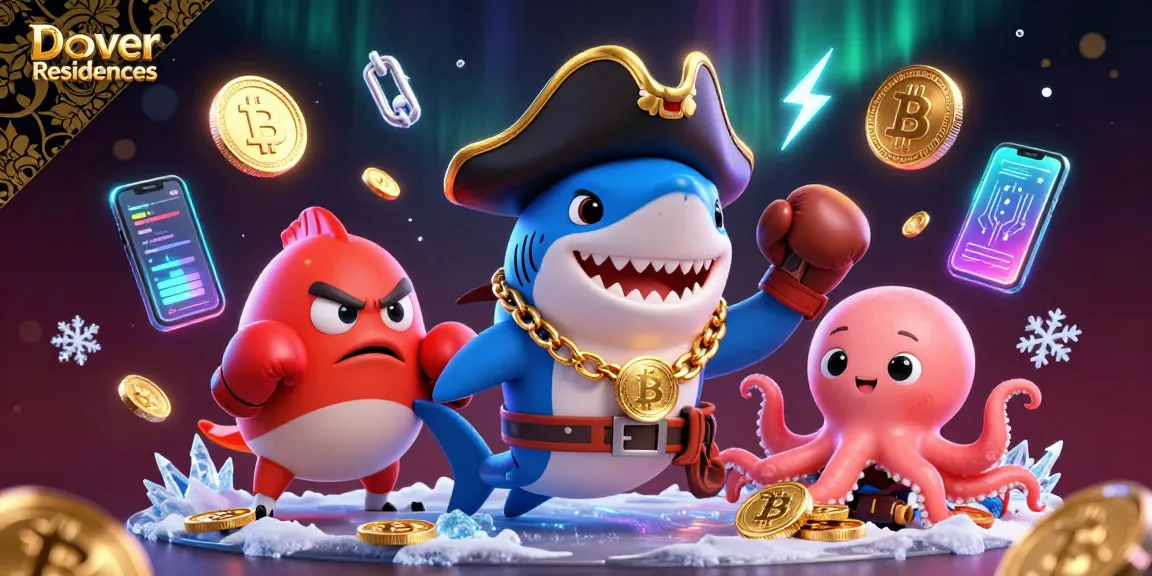 Dover Residences presents vibrant 3D scene with cartoon pirate shark and octopus winning coins in a lively casino setting.