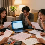 Analisis angka untung togel dalam suasana hangat bersama teman-teman, peta prediksi dan notepad di meja.