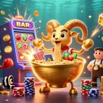 Experience Rbk247 casino excitement with a vibrant illustration of gambling elements and characters.