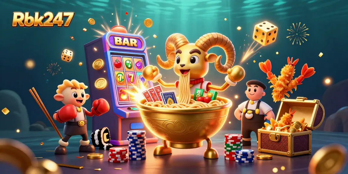 Experience Rbk247 casino excitement with a vibrant illustration of gambling elements and characters.
