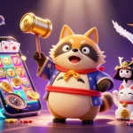Engage with the slot bonus new member in this vibrant 3D casino illustration featuring a lucky raccoon and festive elements.