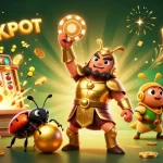 Engage with online casinos as a cartoon herald of luck celebrates a jackpot amidst a burst of colors.