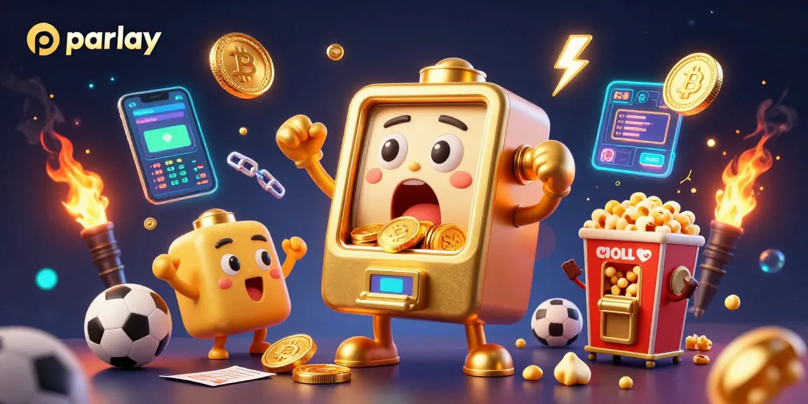 Bettors enjoy a thrilling parlay jackpot with a lively slot machine and cheering sidekicks.