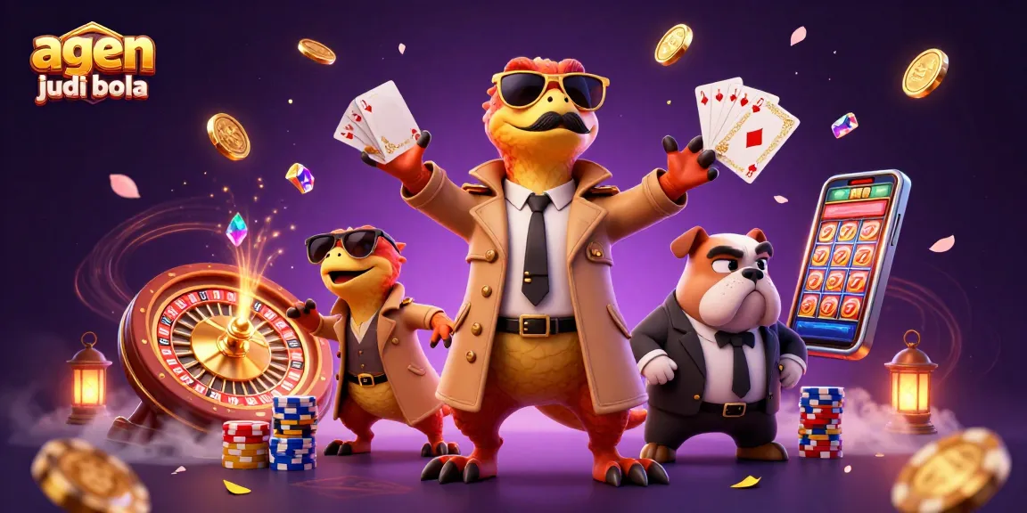 Engage with agen judi bola through exciting betting scenes in a vibrant, cartoon-style casino illustration.