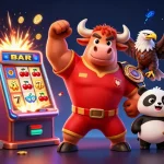 Experience excitement at HM888 with jackpot winning slot elements and playful cartoon mascots celebrating.