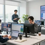 Dynamic newsroom at https://www.theindaily.com with journalists reporting, bright atmosphere, modern technology.