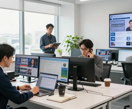 Dynamic newsroom at https://www.theindaily.com with journalists reporting, bright atmosphere, modern technology.