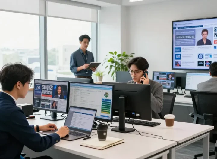 Dynamic newsroom at https://www.theindaily.com with journalists reporting, bright atmosphere, modern technology.