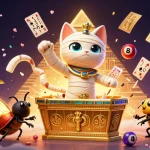 Experience the excitement of LUCKY77 with vibrant lottery balls and an Egyptian mummy cat in the casino.