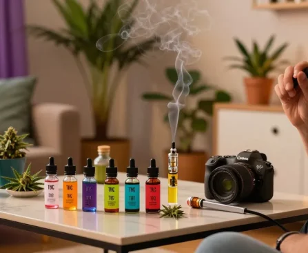Weed vape enjoyment in a cozy indoor setting showcasing THC vape e-liquids.
