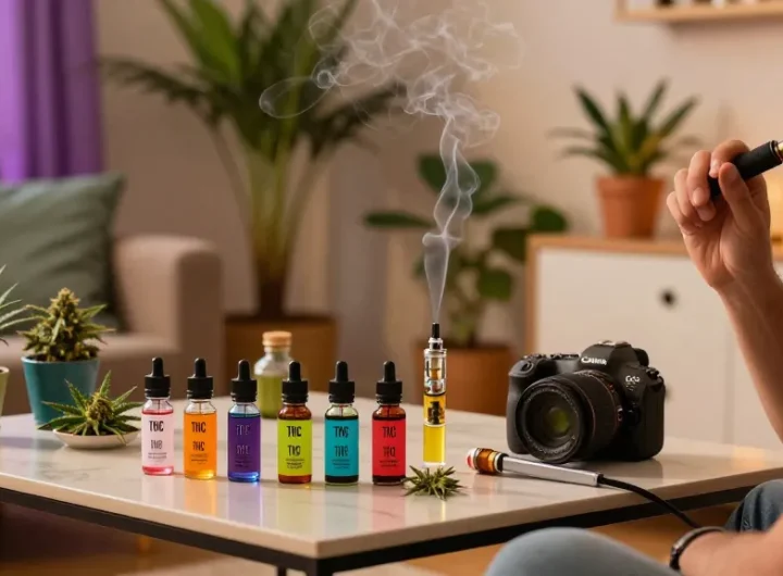 Weed vape enjoyment in a cozy indoor setting showcasing THC vape e-liquids.