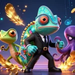 Permainan slot interaktif dengan arushoki, chameleon rahasia, gecko pintar, dan gurita jahat yang meriah.