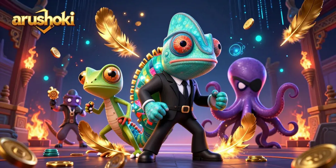 Permainan slot interaktif dengan arushoki, chameleon rahasia, gecko pintar, dan gurita jahat yang meriah.