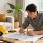 Electrician rewiring outlets in modern living room to see more details in home renovation project.