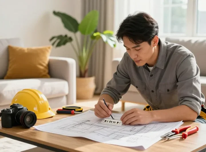 Electrician rewiring outlets in modern living room to see more details in home renovation project.
