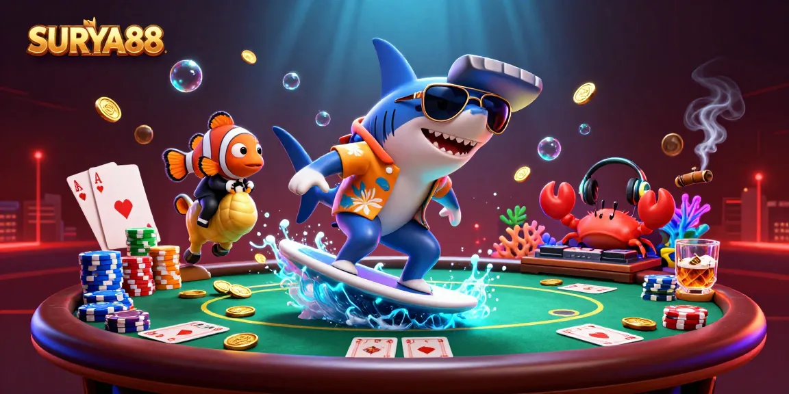SURYA88 invites players to enjoy vibrant 3D casino fun with animated characters and dynamic poker elements.